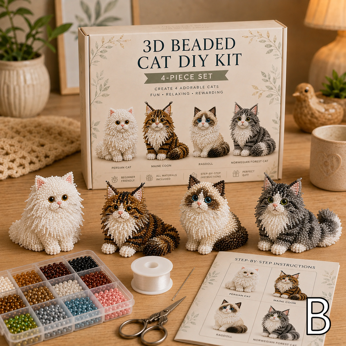 3D Beaded Cat DIY Kit – Adorable 4-Piece Handmade Cat Craft Set